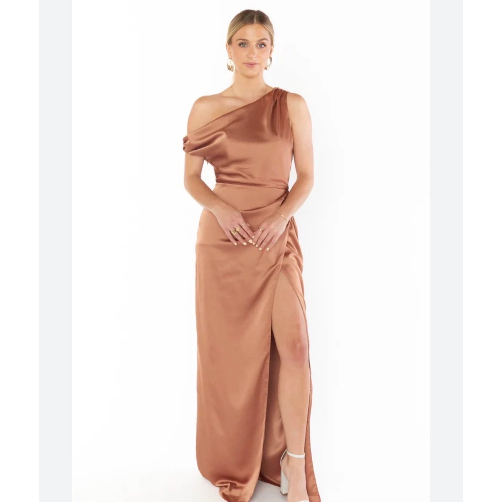 Show Me Your Mumu Jodie Copper Satin One Shoulder Maxi Dress Medium Formal Gown